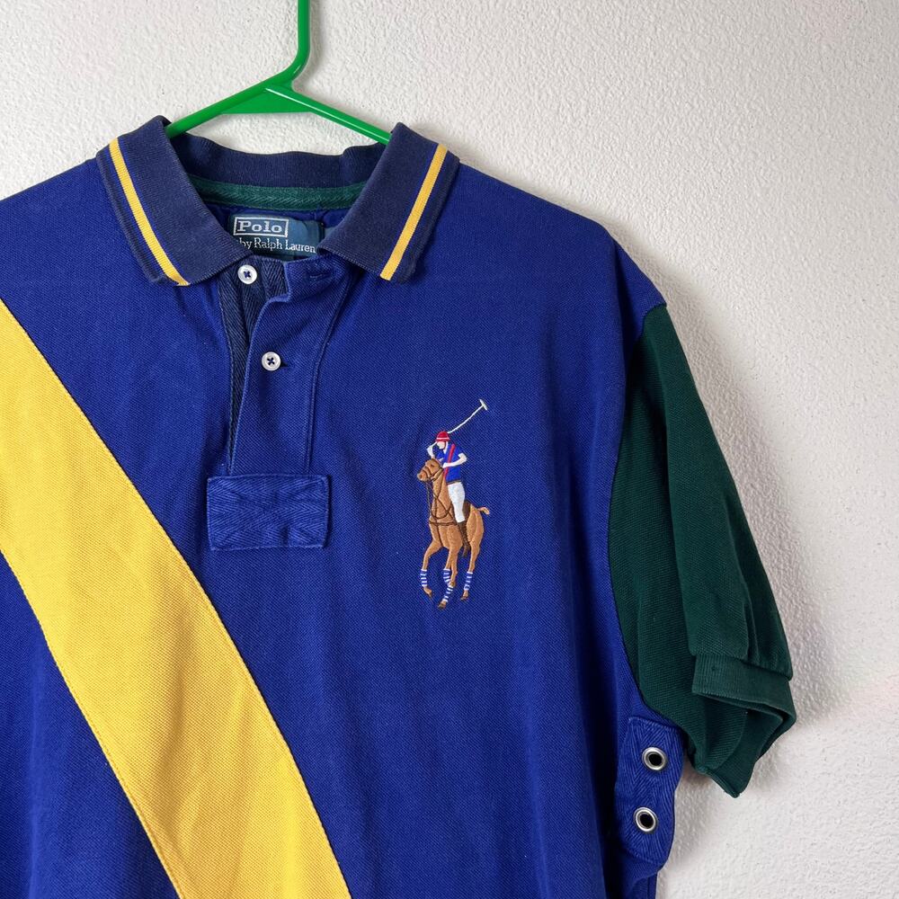 Polo Ralph Lauren Blue Yellow Stripe Big Pony Polo Shirt Classic Fit Size L - Picture 2 of 8